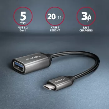 Axagon RUCM-AFAC kabelio adapteris USB-C (V) -> USB-A (M), 20cm, USB 3.2 Gen 1, 3A, ALU