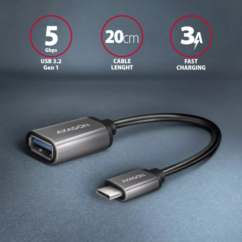 Axagon RUCM-AFAC kabelio adapteris USB-C (V) -> USB-A (M), 20cm, USB 3.2 Gen 1, 3A, ALU