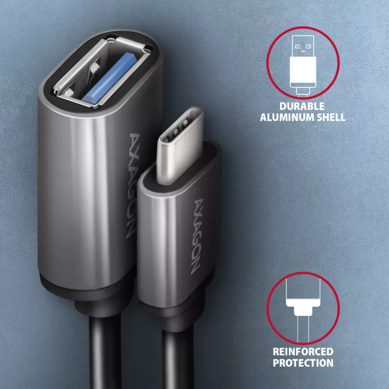 Axagon RUCM-AFAC kabelio adapteris USB-C (V) -> USB-A (M), 20cm, USB 3.2 Gen 1, 3A, ALU