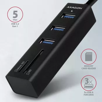 Axagon HMA-CR3A Metalinis USB 3.2 Gen 1 kelių prievadų centras su trimis USB prievadais ir kortelių skaitytuvu