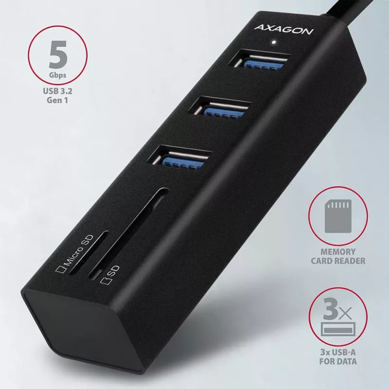 Axagon HMA-CR3A Metalinis USB 3.2 Gen 1 kelių prievadų centras su trimis USB prievadais ir kortelių skaitytuvu