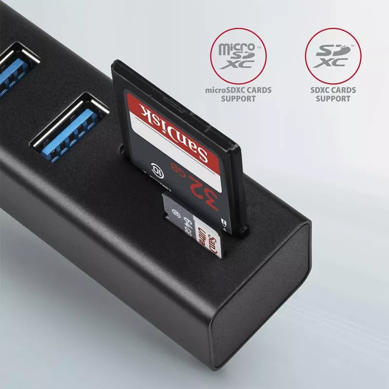 Axagon HMA-CR3A Metalinis USB 3.2 Gen 1 kelių prievadų centras su trimis USB prievadais ir kortelių skaitytuvu