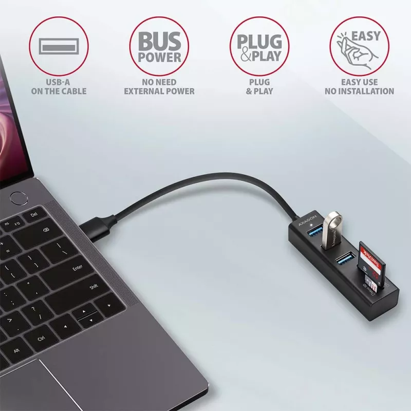 Axagon HMA-CR3A Metalinis USB 3.2 Gen 1 kelių prievadų centras su trimis USB prievadais ir kortelių skaitytuvu