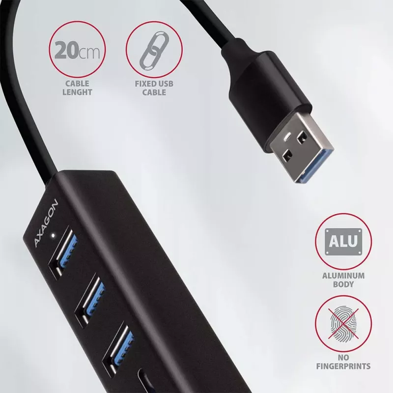 Axagon HMA-CR3A Metalinis USB 3.2 Gen 1 kelių prievadų centras su trimis USB prievadais ir kortelių skaitytuvu