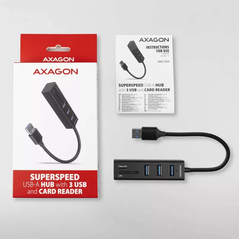 Axagon HMA-CR3A Metalinis USB 3.2 Gen 1 kelių prievadų centras su trimis USB prievadais ir kortelių skaitytuvu