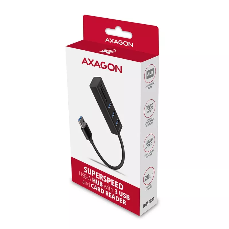 Axagon HMA-CR3A Metalinis USB 3.2 Gen 1 kelių prievadų centras su trimis USB prievadais ir kortelių skaitytuvu