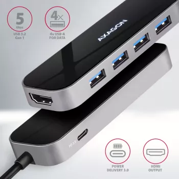 Axagon HMC-6H4A USB 3.2 Gen 1 centrinė stotelė, 4x USB-A, HDMI 4k/30Hz, PD 100W, 20 cm USB-C laidas