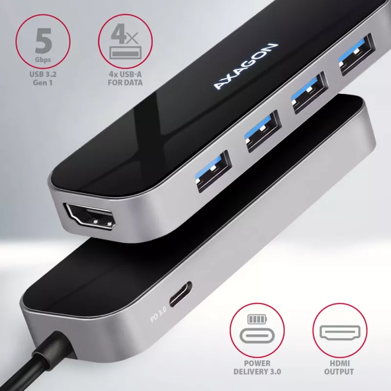 Axagon HMC-6H4A USB 3.2 Gen 1 centrinė stotelė, 4x USB-A, HDMI 4k/30Hz, PD 100W, 20 cm USB-C laidas