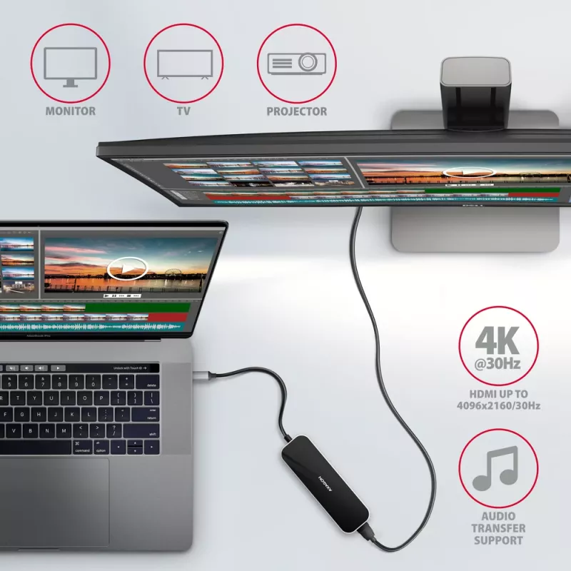 Axagon HMC-6H4A USB 3.2 Gen 1 centrinė stotelė, 4x USB-A, HDMI 4k/30Hz, PD 100W, 20 cm USB-C laidas