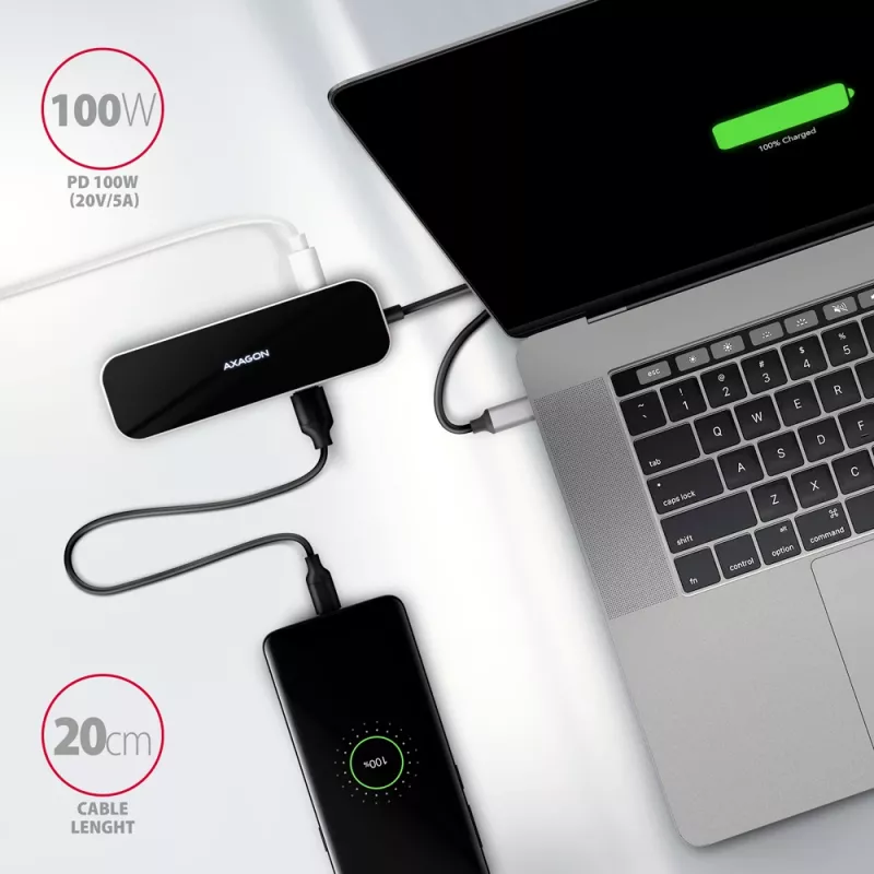 Axagon HMC-6H4A USB 3.2 Gen 1 centrinė stotelė, 4x USB-A, HDMI 4k/30Hz, PD 100W, 20 cm USB-C laidas