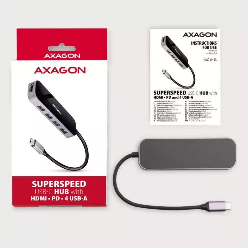 Axagon HMC-6H4A USB 3.2 Gen 1 centrinė stotelė, 4x USB-A, HDMI 4k/30Hz, PD 100W, 20 cm USB-C laidas