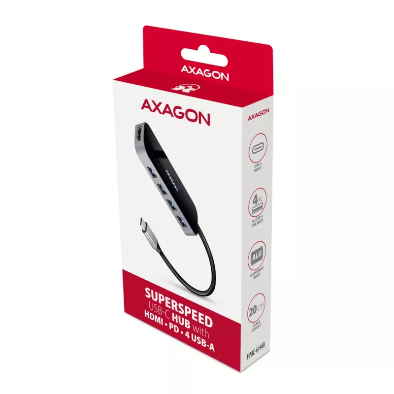 Axagon HMC-6H4A USB 3.2 Gen 1 centrinė stotelė, 4x USB-A, HDMI 4k/30Hz, PD 100W, 20 cm USB-C laidas