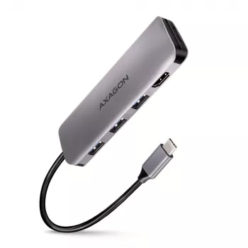 „Axagon HMC-HCR3A“ 3x USB-A + HDMI + SD / microSD USB-C 3.2 Gen 1 šakotuvas, 20 cm, laidinis USB 3.2 Gen 1 (3.1 Gen 1) Type-C, pilkas