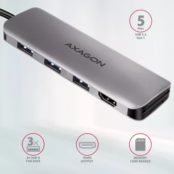 „Axagon HMC-HCR3A“ 3x USB-A + HDMI + SD / microSD USB-C 3.2 Gen 1 šakotuvas, 20 cm, laidinis USB 3.2 Gen 1 (3.1 Gen 1) Type-C, pilkas