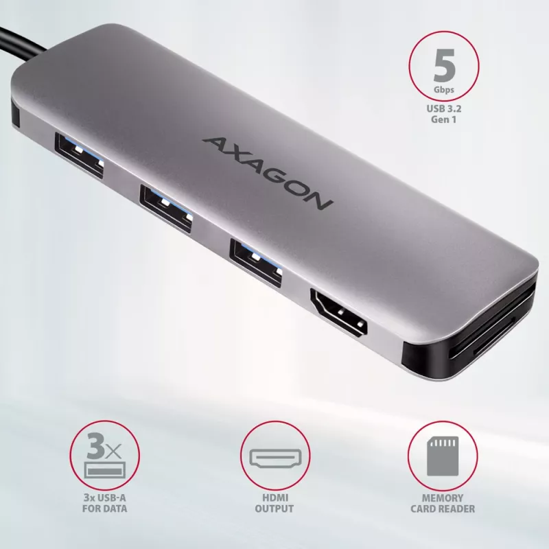 „Axagon HMC-HCR3A“ 3x USB-A + HDMI + SD / microSD USB-C 3.2 Gen 1 šakotuvas, 20 cm, laidinis USB 3.2 Gen 1 (3.1 Gen 1) Type-C, pilkas