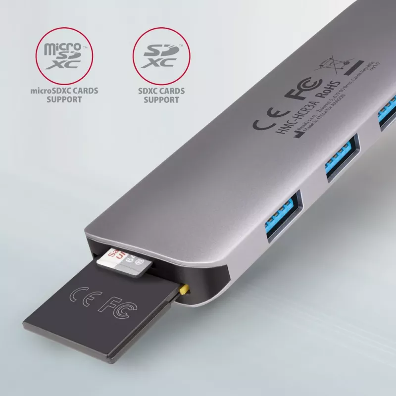 „Axagon HMC-HCR3A“ 3x USB-A + HDMI + SD / microSD USB-C 3.2 Gen 1 šakotuvas, 20 cm, laidinis USB 3.2 Gen 1 (3.1 Gen 1) Type-C, pilkas