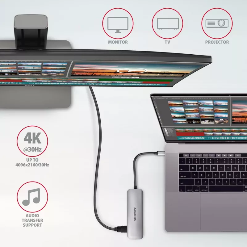 „Axagon HMC-HCR3A“ 3x USB-A + HDMI + SD / microSD USB-C 3.2 Gen 1 šakotuvas, 20 cm, laidinis USB 3.2 Gen 1 (3.1 Gen 1) Type-C, pilkas