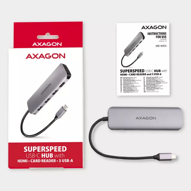 „Axagon HMC-HCR3A“ 3x USB-A + HDMI + SD / microSD USB-C 3.2 Gen 1 šakotuvas, 20 cm, laidinis USB 3.2 Gen 1 (3.1 Gen 1) Type-C, pilkas