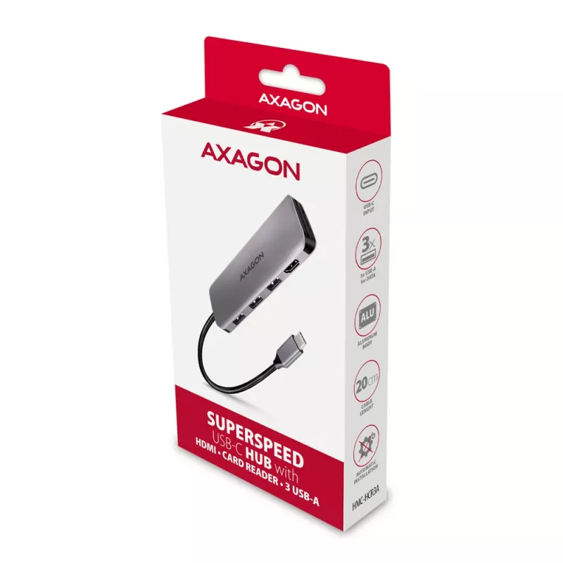 „Axagon HMC-HCR3A“ 3x USB-A + HDMI + SD / microSD USB-C 3.2 Gen 1 šakotuvas, 20 cm, laidinis USB 3.2 Gen 1 (3.1 Gen 1) Type-C, pilkas