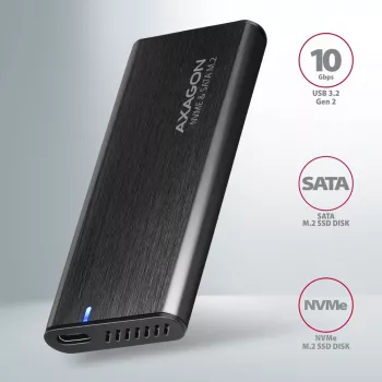 Axagon EEM2-SB2 Išorinis USB-C 3.2 Gen 2 metalinis dėklas M.2 NVMe ir SATA SSD diskams. Be varžtų