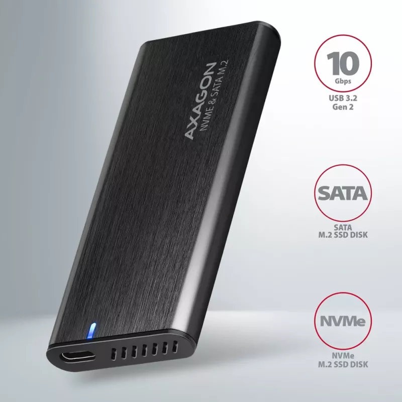 Axagon EEM2-SB2 Išorinis USB-C 3.2 Gen 2 metalinis dėklas M.2 NVMe ir SATA SSD diskams. Be varžtų