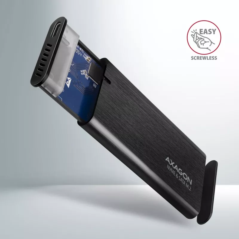 Axagon EEM2-SB2 Išorinis USB-C 3.2 Gen 2 metalinis dėklas M.2 NVMe ir SATA SSD diskams. Be varžtų