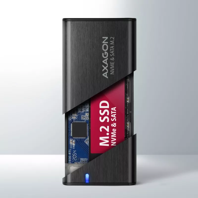 Axagon EEM2-SB2 Išorinis USB-C 3.2 Gen 2 metalinis dėklas M.2 NVMe ir SATA SSD diskams. Be varžtų