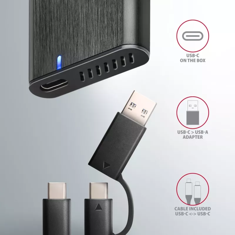 Axagon EEM2-SB2 Išorinis USB-C 3.2 Gen 2 metalinis dėklas M.2 NVMe ir SATA SSD diskams. Be varžtų
