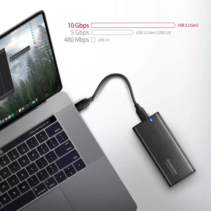 Axagon EEM2-SB2 Išorinis USB-C 3.2 Gen 2 metalinis dėklas M.2 NVMe ir SATA SSD diskams. Be varžtų