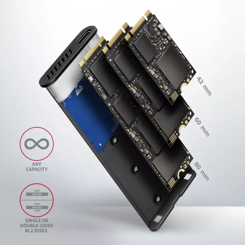 Axagon EEM2-SB2 Išorinis USB-C 3.2 Gen 2 metalinis dėklas M.2 NVMe ir SATA SSD diskams. Be varžtų