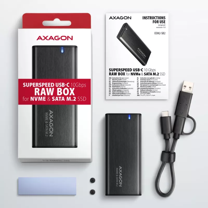 Axagon EEM2-SB2 Išorinis USB-C 3.2 Gen 2 metalinis dėklas M.2 NVMe ir SATA SSD diskams. Be varžtų