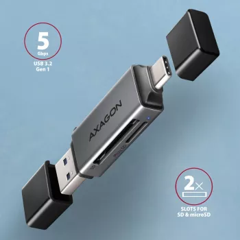 Axagon CRE-DAC USB-C+ USB-A 5 Gbps MINI 2 lizdų ir LUN SD/microSD kortelių skaitytuvas USB 3.0 Type-A/Type-C Pilka