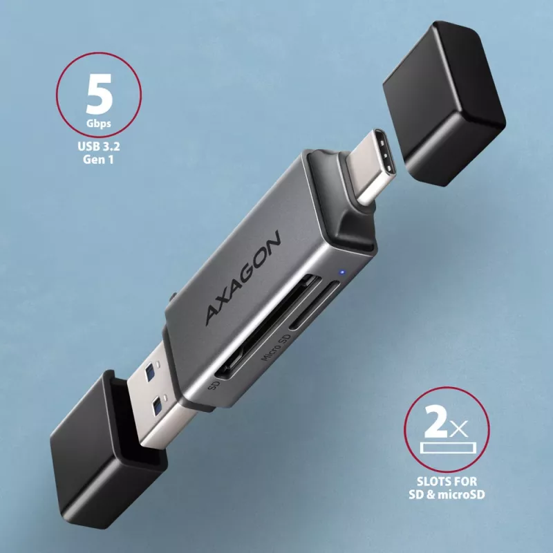 Axagon CRE-DAC USB-C+ USB-A 5 Gbps MINI 2 lizdų ir LUN SD/microSD kortelių skaitytuvas USB 3.0 Type-A/Type-C Pilka