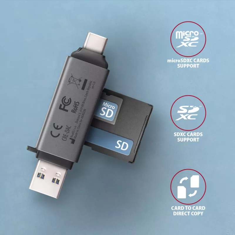 Axagon CRE-DAC USB-C+ USB-A 5 Gbps MINI 2 lizdų ir LUN SD/microSD kortelių skaitytuvas USB 3.0 Type-A/Type-C Pilka