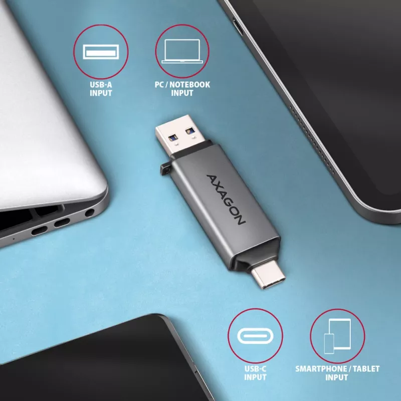 Axagon CRE-DAC USB-C+ USB-A 5 Gbps MINI 2 lizdų ir LUN SD/microSD kortelių skaitytuvas USB 3.0 Type-A/Type-C Pilka