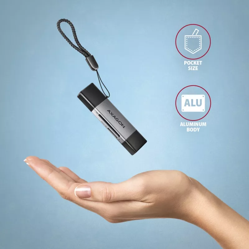 Axagon CRE-DAC USB-C+ USB-A 5 Gbps MINI 2 lizdų ir LUN SD/microSD kortelių skaitytuvas USB 3.0 Type-A/Type-C Pilka