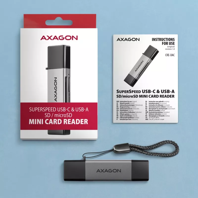 Axagon CRE-DAC USB-C+ USB-A 5 Gbps MINI 2 lizdų ir LUN SD/microSD kortelių skaitytuvas USB 3.0 Type-A/Type-C Pilka