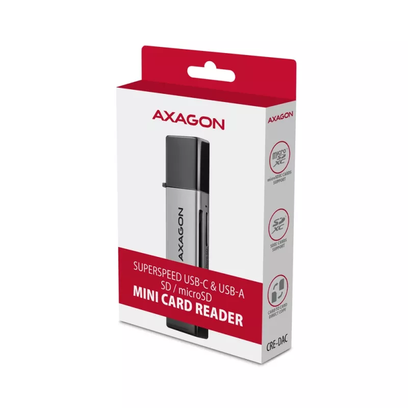 Axagon CRE-DAC USB-C+ USB-A 5 Gbps MINI 2 lizdų ir LUN SD/microSD kortelių skaitytuvas USB 3.0 Type-A/Type-C Pilka