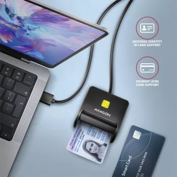 Axagon CRE-SM3N USB-A Smart kortelių / asmens tapatybės kortelių plokščiasis skaitytuvas, USB 2.0, 1,3 m, juoda, 57 g