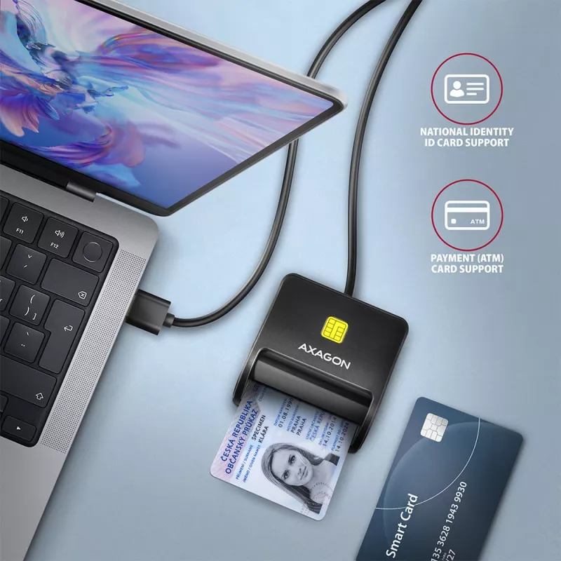 Axagon CRE-SM3N USB-A Smart kortelių / asmens tapatybės kortelių plokščiasis skaitytuvas, USB 2.0, 1,3 m, juoda, 57 g