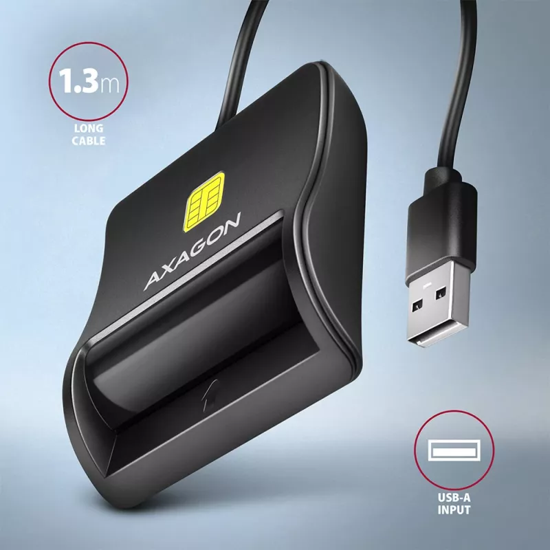 Axagon CRE-SM3N USB-A Smart kortelių / asmens tapatybės kortelių plokščiasis skaitytuvas, USB 2.0, 1,3 m, juoda, 57 g