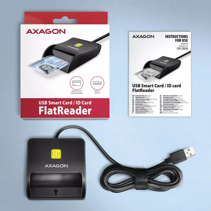 Axagon CRE-SM3N USB-A Smart kortelių / asmens tapatybės kortelių plokščiasis skaitytuvas, USB 2.0, 1,3 m, juoda, 57 g