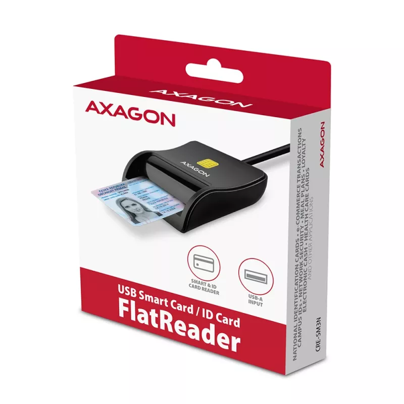 Axagon CRE-SM3N USB-A Smart kortelių / asmens tapatybės kortelių plokščiasis skaitytuvas, USB 2.0, 1,3 m, juoda, 57 g