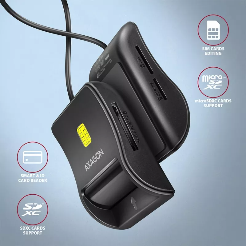 Axagon CRE-SM3SD USB Smart kortelių ir SD/microSD/SIM plokščias kortelių skaitytuvas, vidinis, USB 2.0, juodas