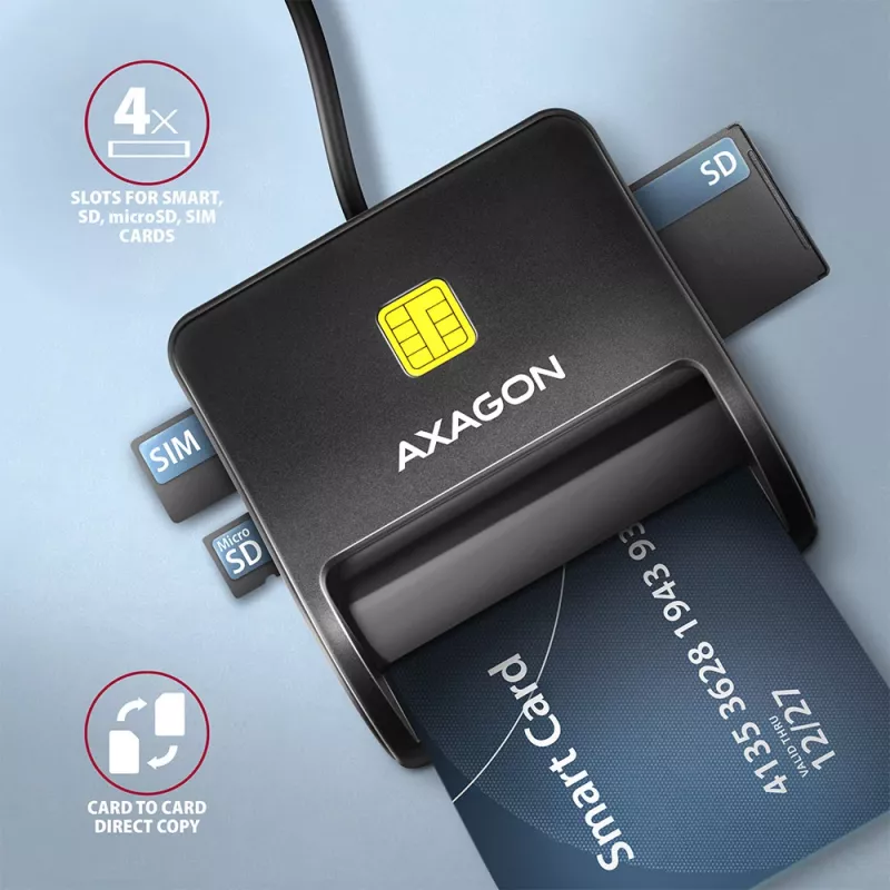 Axagon CRE-SM3SD USB Smart kortelių ir SD/microSD/SIM plokščias kortelių skaitytuvas, vidinis, USB 2.0, juodas