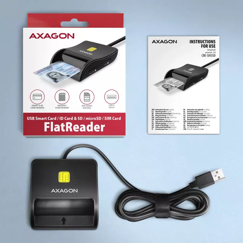 Axagon CRE-SM3SD USB Smart kortelių ir SD/microSD/SIM plokščias kortelių skaitytuvas, vidinis, USB 2.0, juodas