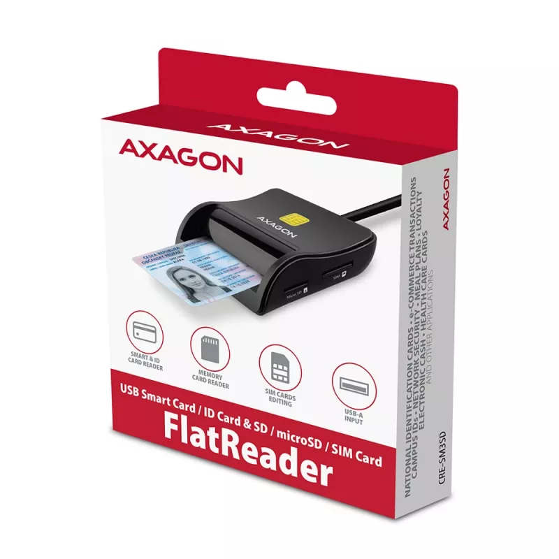 Axagon CRE-SM3SD USB Smart kortelių ir SD/microSD/SIM plokščias kortelių skaitytuvas, vidinis, USB 2.0, juodas