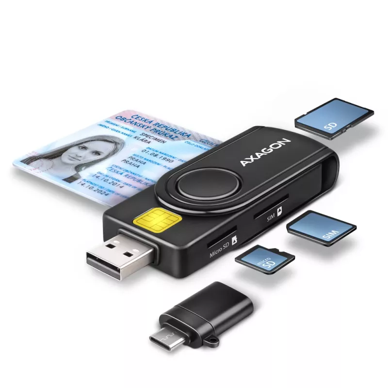 Axagon CRE-SMP2A USB Smart card & SD/microSD/SIM PocketReader kortelių skaitytuvas, vidaus, USB Type-A/USB Type-C, juoda