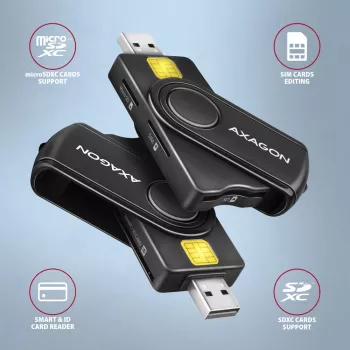Axagon CRE-SMP2A USB Smart card & SD/microSD/SIM PocketReader kortelių skaitytuvas, vidaus, USB Type-A/USB Type-C, juoda