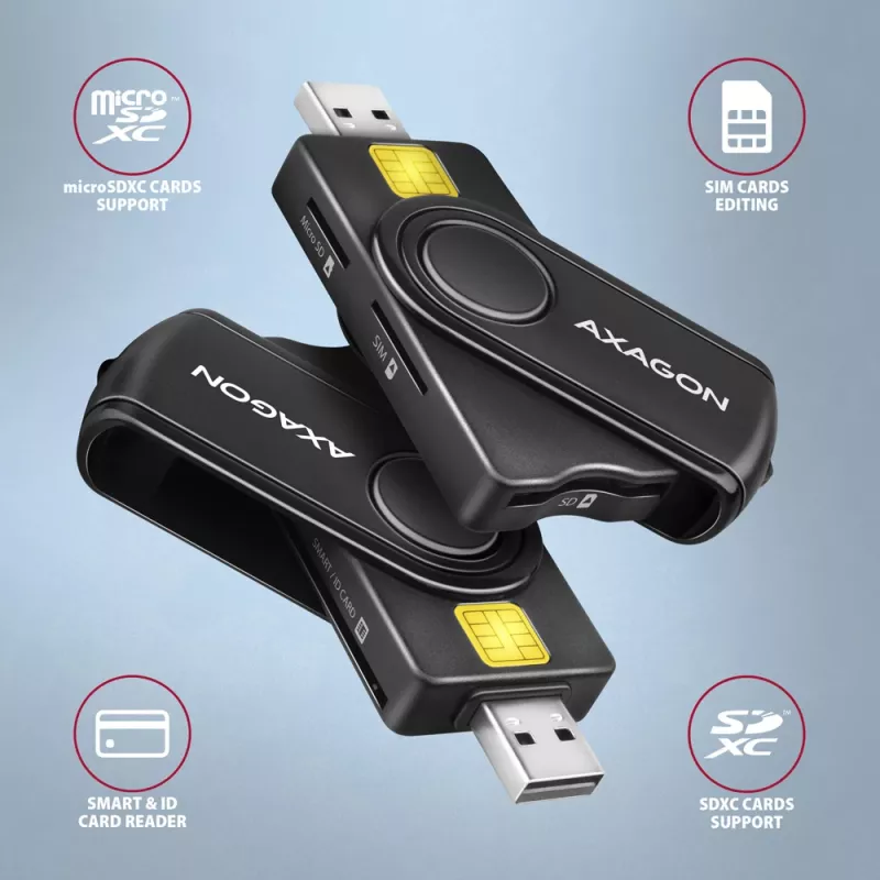 Axagon CRE-SMP2A USB Smart card & SD/microSD/SIM PocketReader kortelių skaitytuvas, vidaus, USB Type-A/USB Type-C, juoda